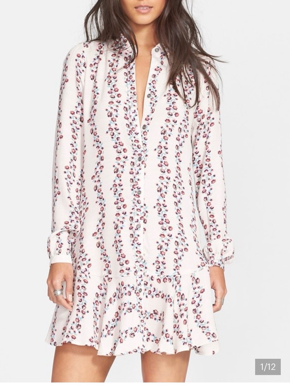 Free People Light Pink Floral Long-Sleeve Button Dress size M